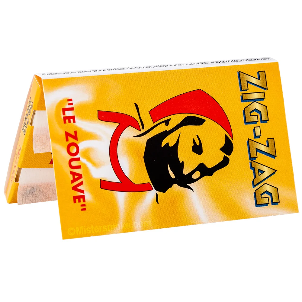Papier à rouler Zig-Zag le Zouave jaune, feuilles courtes emblématiques, carnet pratique pour un roulage facile.