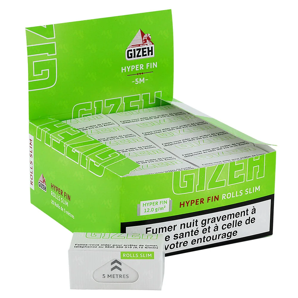 papier à rouler gizeh rolls 5 mètres - rolls slim - boite de 20 rouleaux.