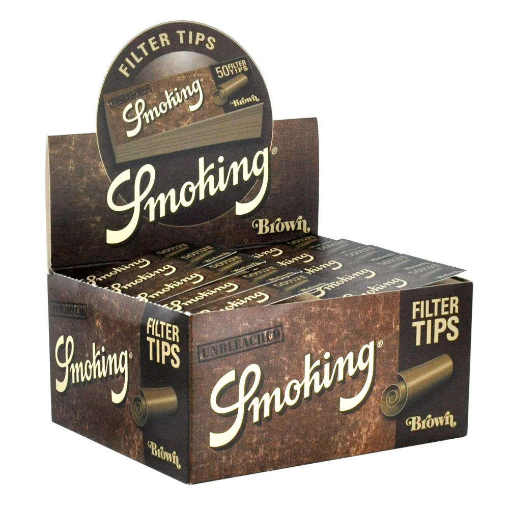 Boîte de 50 carnets de filtres Smoking Brown, toncar en carton non blanchi pour cigarettes roulées respectueuses de l'environnement.