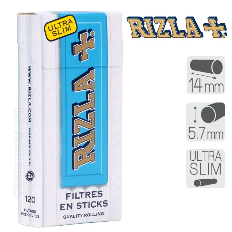 Filtres Rizla + ultra slim en stick, filtres extra fins pour un roulage précis et une fumée plus douce.