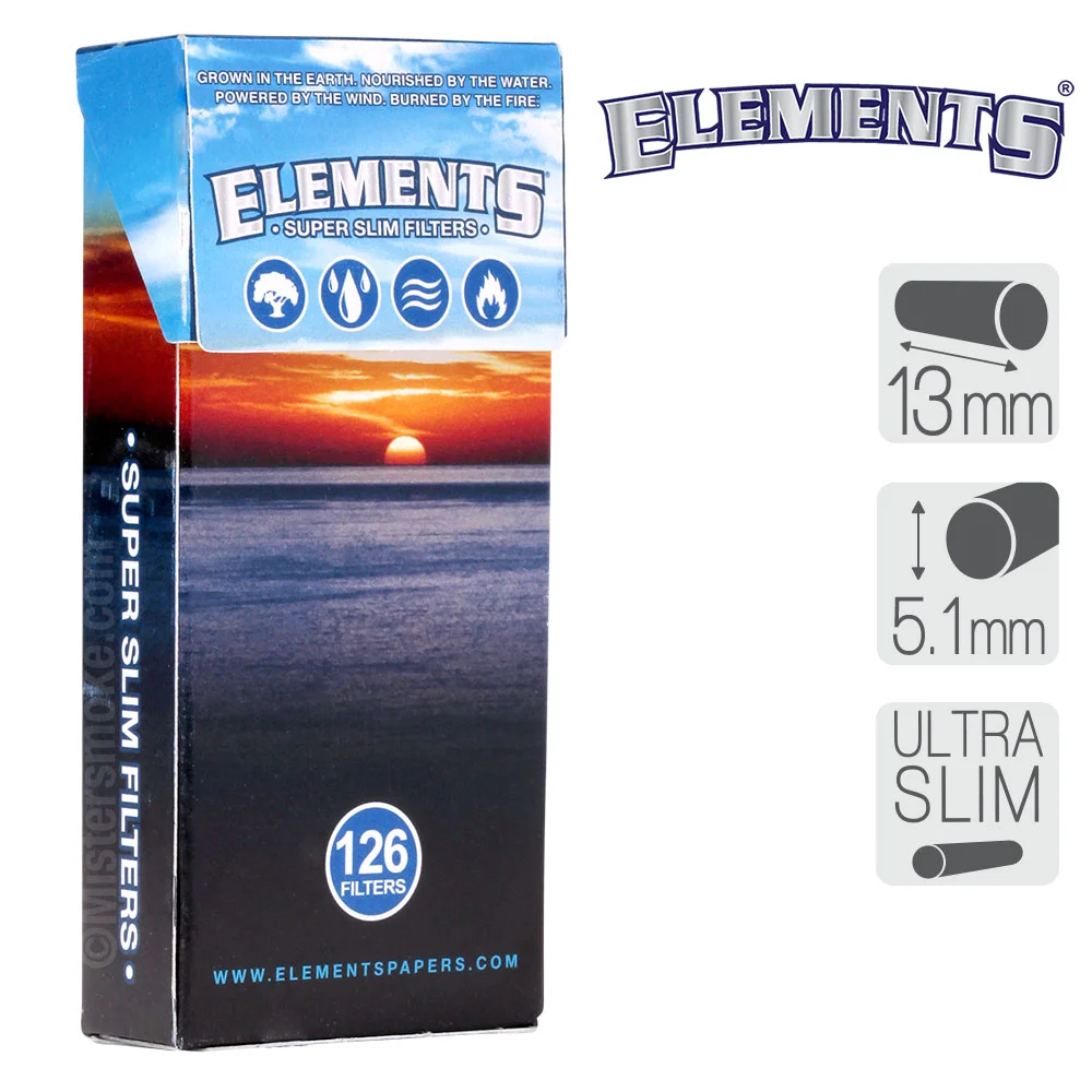 Filtres Elements Slim en mousse stick, format super slim pour cigarettes roulées, filtres fins et pratiques.