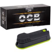 OCB-Sparset mit OCB easy Glide Tubingmaschine und einer Schachtel mit 250 OCB-Zigarettenhülsen.