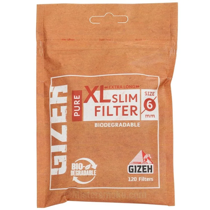 Un sachet de GIZEH Pure XL Slim renferme 120 filtres biodégradables de 6 mm de diamètre, idéal pour rouler vos cigarettes de manière écologique.