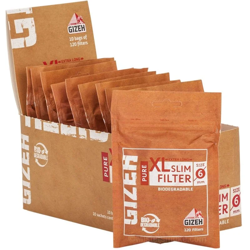 Filtre à cigarette GIZEH Pure 6 mm naturel et biodégradable - Boite de 10 sachets de 120 filtres cigarettes non blanchi au chlore, naturels et biodégradables.