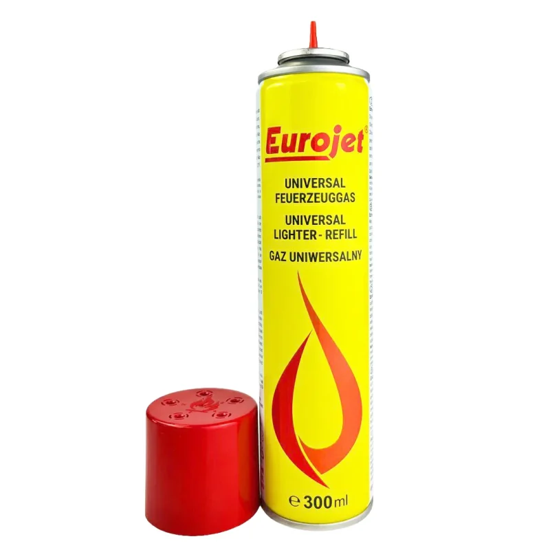 bouteille de gaz pour recharger les briquets avec embout fin universel. Bouteille jaune et rouge de la marque eurojet.