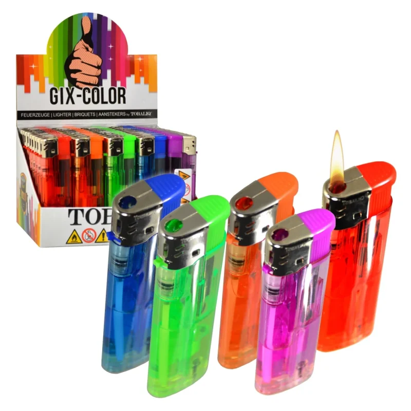 Boite de 50 briquets - lot économique - briquets avec allumage électronique - plastique transparent coloré