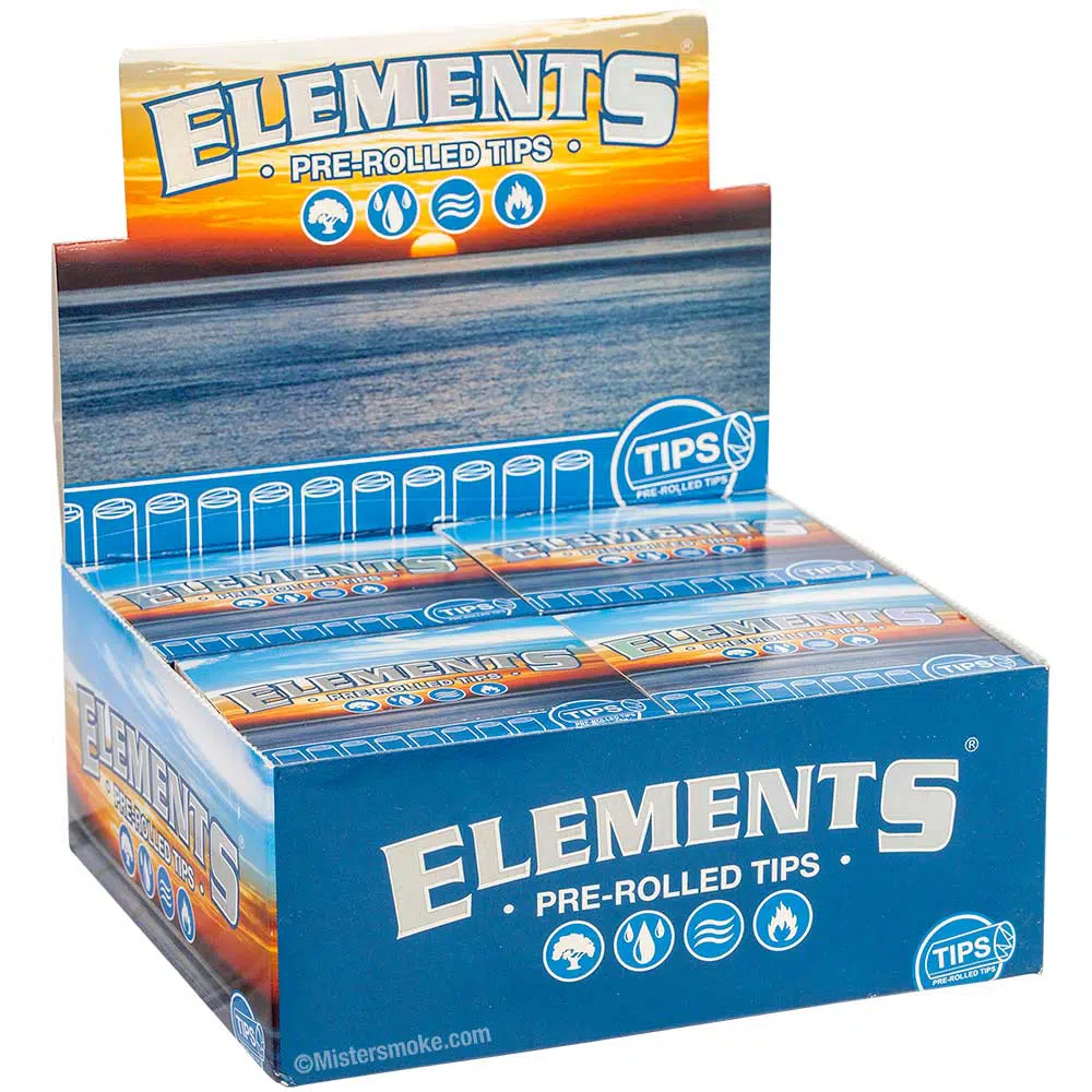 Boîte de 20 paquets de filtres pré-roulés Elements naturels, déjà roulés en S, sans additifs chimiques ni chlore, pour un roulage facile et rapide.
