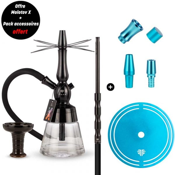 Pack chicha tsar molotov x - Kit complet pour débuter dans la chicha ou pour offrir. Chicha aluminium avec tuyau, manche, connecteurs et foyer céramique TSAR.
