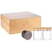 wooden storage box with grinder and storage jars