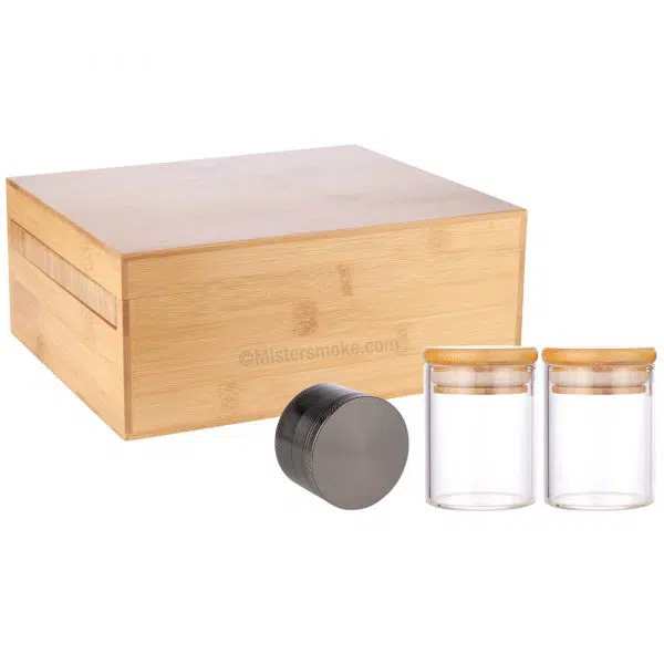 wooden storage box with grinder and storage jars