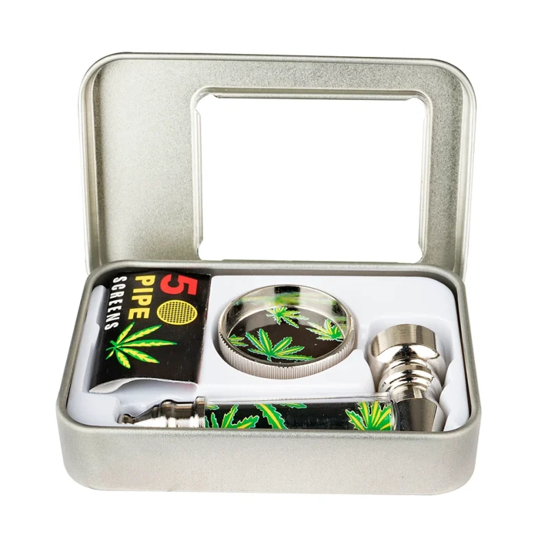 Boite métal avec accessoires fumeurs joints, pipe métal, grinder