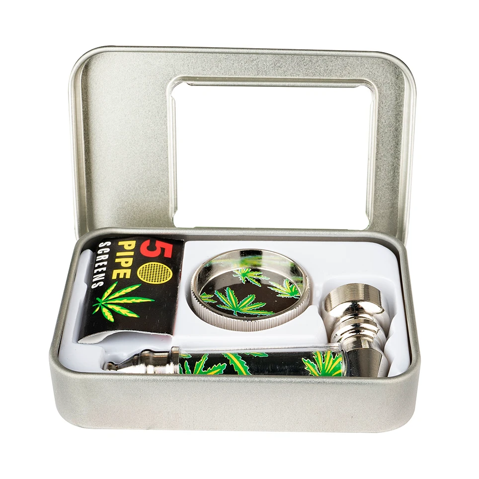 Boite métal avec accessoires fumeurs joints, pipe métal, grinder