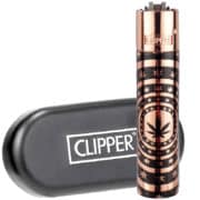 briquet clipper en métal doré avec feuilles de cannabis
