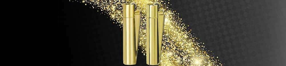 Briquet Clipper métal Gold brillant, design élégant et rechargeable.
