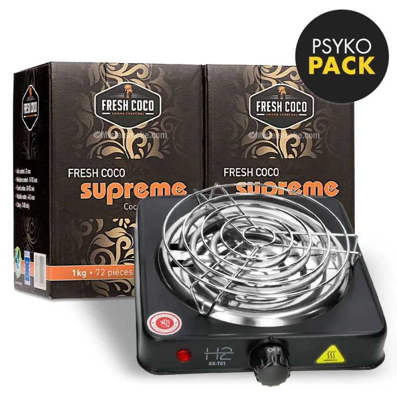 Pack chicha avec charbon naturel fresh coco et allume charbon électrique.