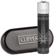 clipper briquet métal black et silver décor leaves feuilles de chanvre