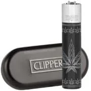 clipper briquet métal black et silver décor leaves feuilles de chanvre