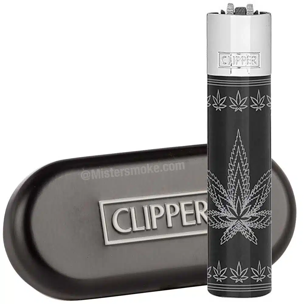 clipper briquet métal black et silver décor leaves feuilles de chanvre