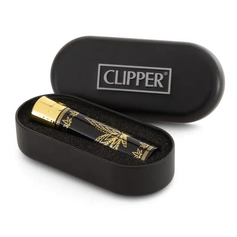clipper metal doré gold black leaves - feuilles de cannabis