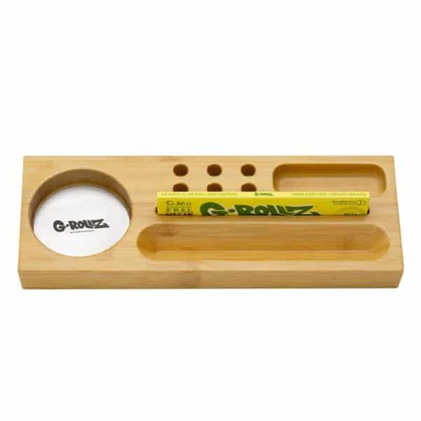 Mini bamboo rolling tray with Booklet slim leaves and space for pre-rolled cones