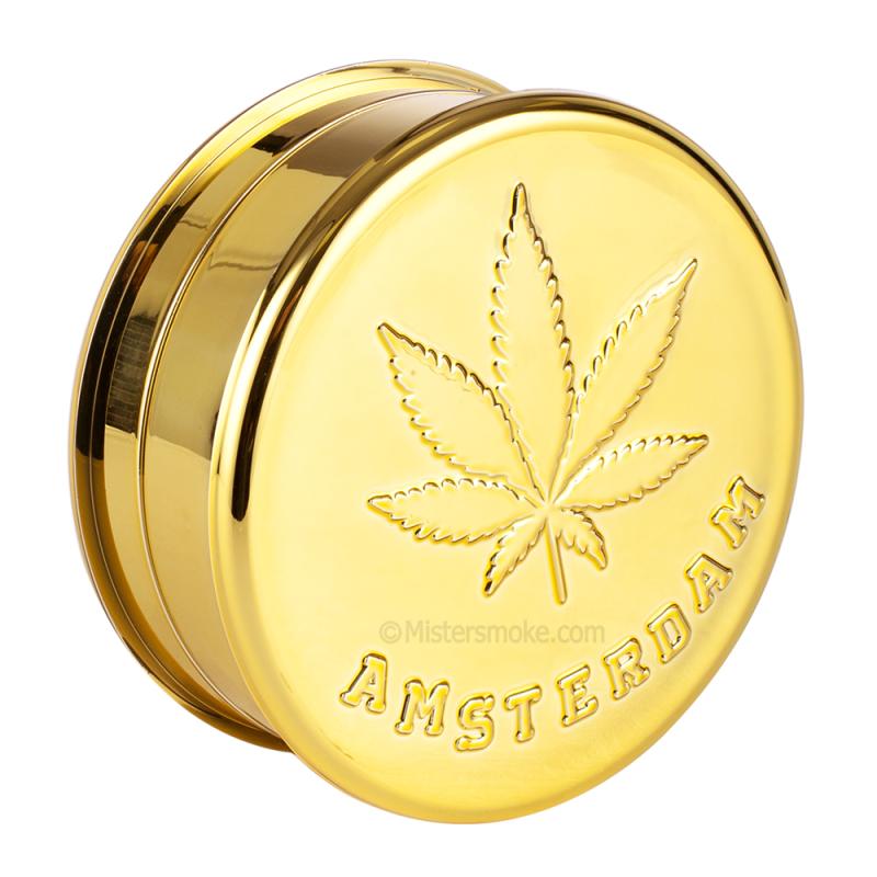 Grinder en acrylique 3 parties, couleur dorée avec feuilles de cannabis et inscription Amsterdam