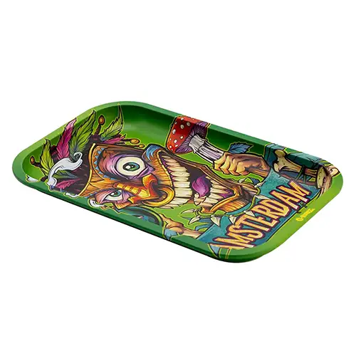 plateau a rouler en métal G-Rollz modèle Tiki - Format 27 cm. Pratique pour que les fumeurs puissent rouler leurs cigarettes, grinder leur herbe et rouler leur blunt sans en mettre partout.