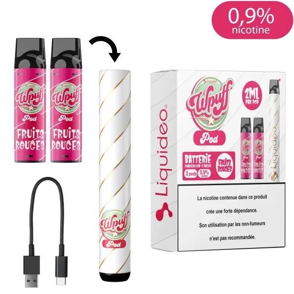 Puff rechargeable Liquideo 0.9% nicotine Starter Kit avec Batterie et cartouches de eliquide.