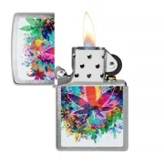 Détails du briquet zippo colorfull cannabis avec capuchon ouvert.