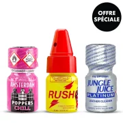 pack poppers pas cher : rush, amsterdam, jungle juice + bouchon inhalateur offert.