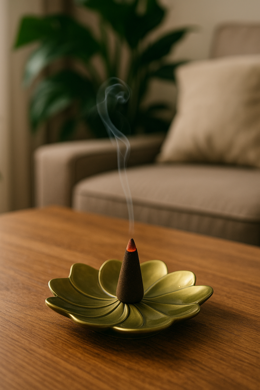 support pour encens en cone - laiton doré - en forme de fleur