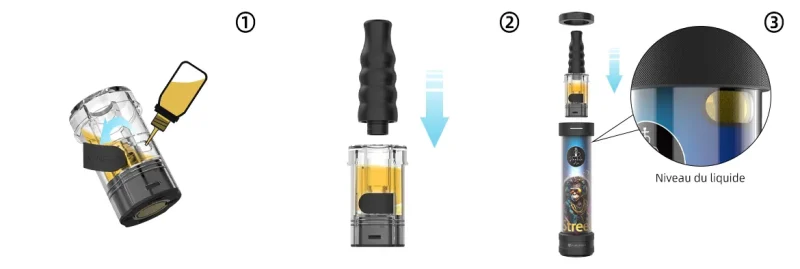 étapes de remplissage de la cartouche de la echicha fumytech hookah air