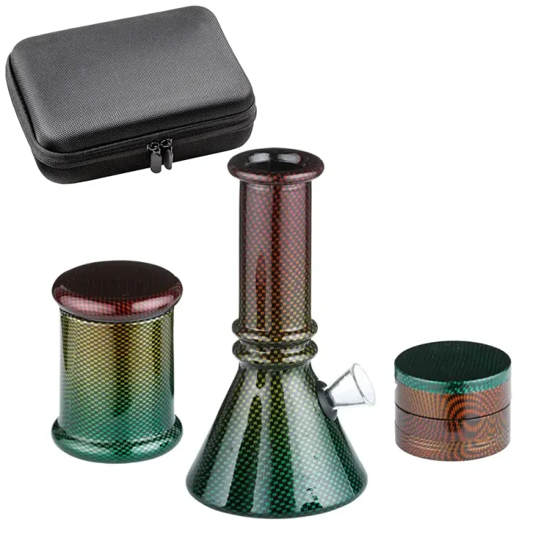 pack fumeur joint - kit weed complet avec Bang en verre, grinder et pot de conservation pour les herbes - Le tout livré dans une pochette de transport zippée.