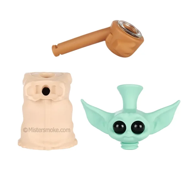 détails des pièces qui composent le bong en silicone incassable original yoda