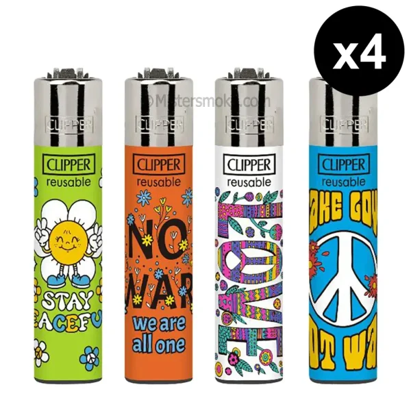 lot de 4 briquets clipper collection say peace - design original hippie