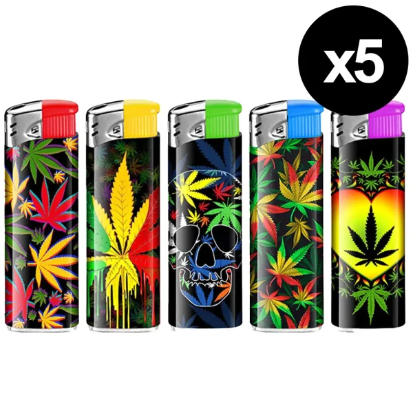 lot de 5 briquets électroniques rechargeables décor feuilles de cannabis