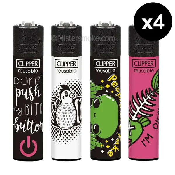 pack de 4 briquets rechargeables de la marque clipper, collection "rude af".