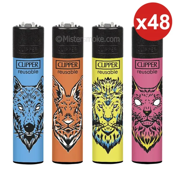 boite économique pas cher de 48 briquets rechargeables CLIPPER, collection &quot;Animal Squad&quot;.