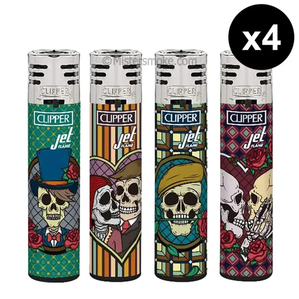 Lot de 4 briquets clipper jet flame romantic skulls