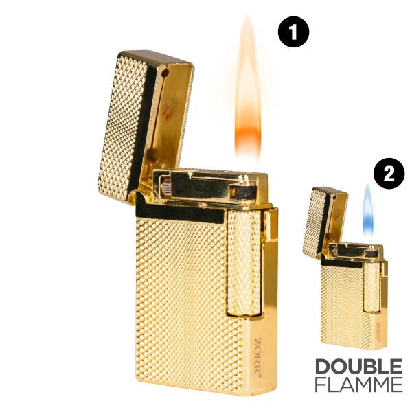beau briquet doré or avec double flamme classique et tempête.