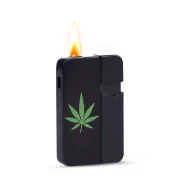 Briquet tempête jet Eurojet noir avec feuille de cannabis verte.