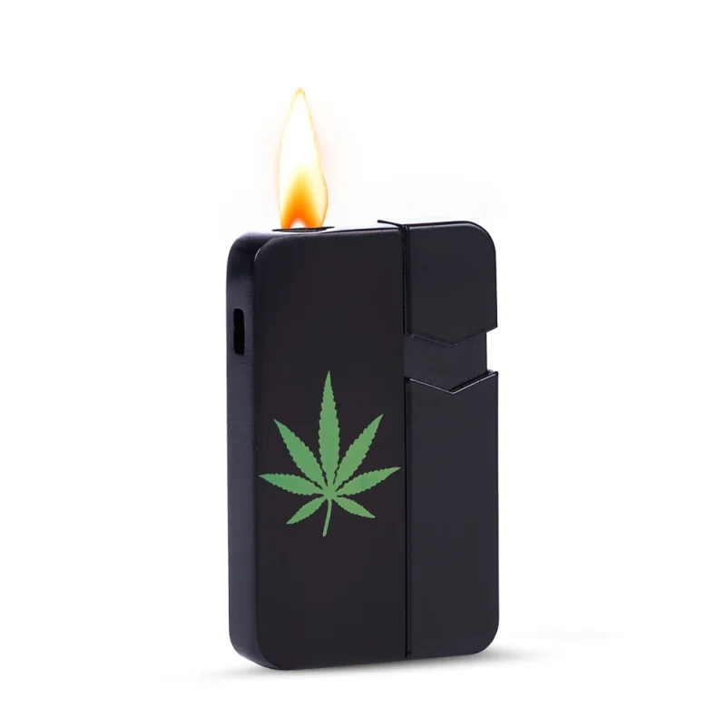 Briquet tempête jet Eurojet noir avec feuille de cannabis verte.