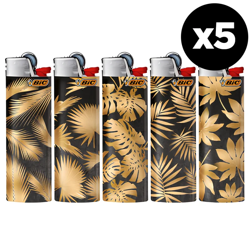 Lot de briquets BIC maxi décorés pas cher - Feuilles dorées sur fond noir.