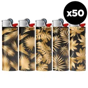 boite de 50 briquets BIC maxi décorés feuilles dorées sur fond noir.