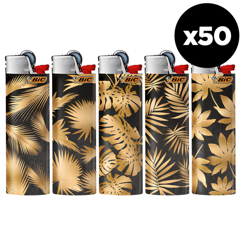boite de 50 briquets BIC maxi décorés feuilles dorées sur fond noir.