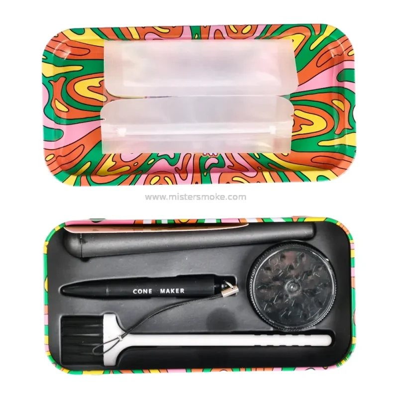 Boîte Fumeur Métal Psychédélique – Set Complet : Pipe, Grinder, Étui à Cone