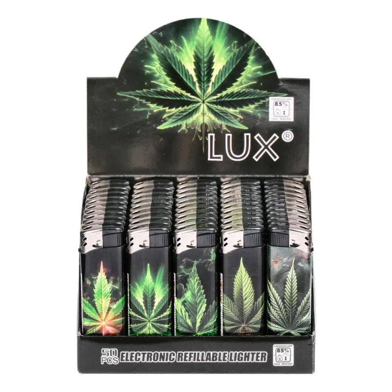 boite de 50 briquets rechargeables LUX - Design feuilles de cannabis