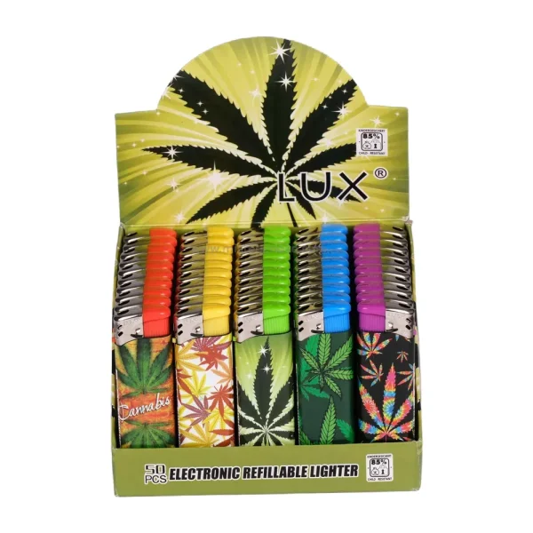 Boite de 50 briquets rechargeables en gaz - allumage électronique - décorés cannabis