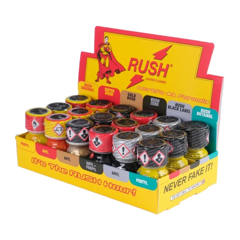 Présentoir avec les poppers best sellers de la marque RUSH