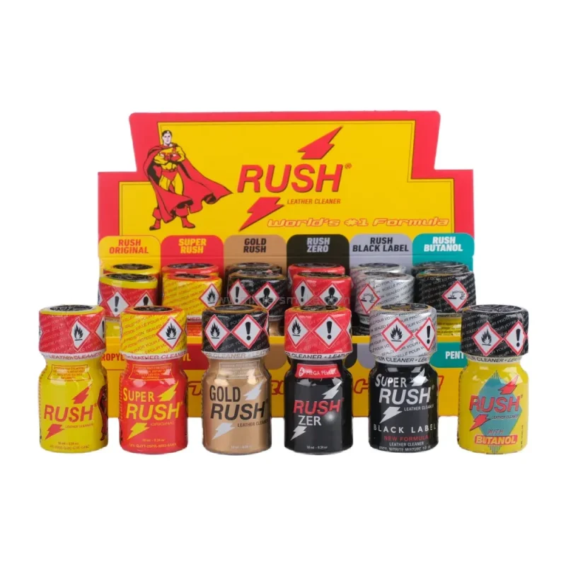Présentoir de 18 flacons de poppers RUSH parmi les plus vendus