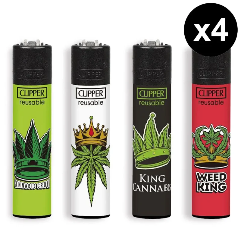 Clipper décoré feuilles de Weed - Lot de 4 briquets rechargeables - Collection &quot;Canna King&quot;